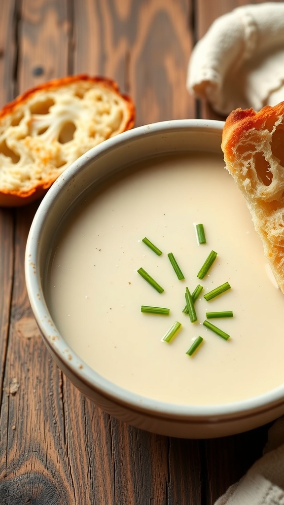 Creamy cauliflower leek soup in a bowl with chives, served with crusty bread on a wooden table.